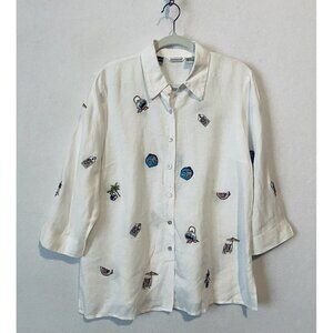 Richard Malcolm Top Womens XL Button Up 3/4 Sleeve Irish Linen Embroidered